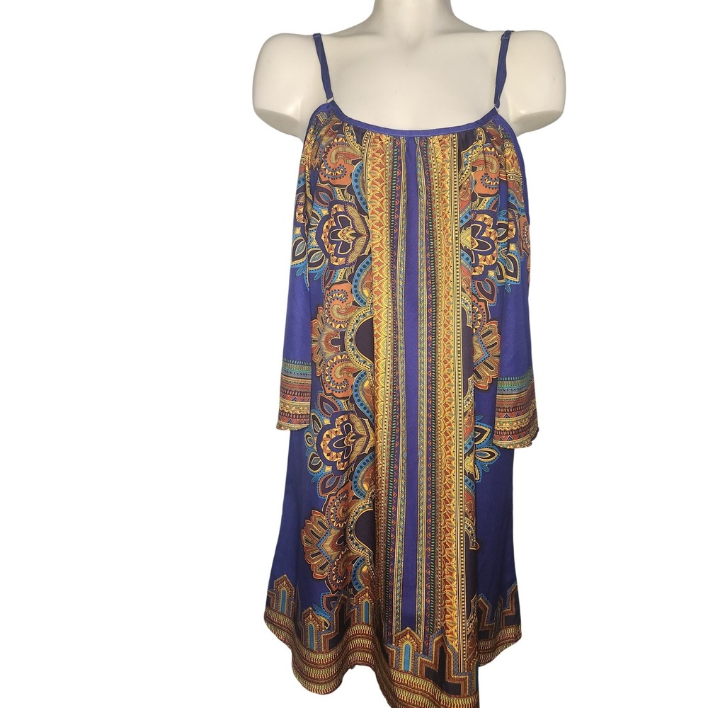 Boho Cold Shoulder Mini‎ Dress Blue Orange Paisley Tribal Bell Sleeve Summer